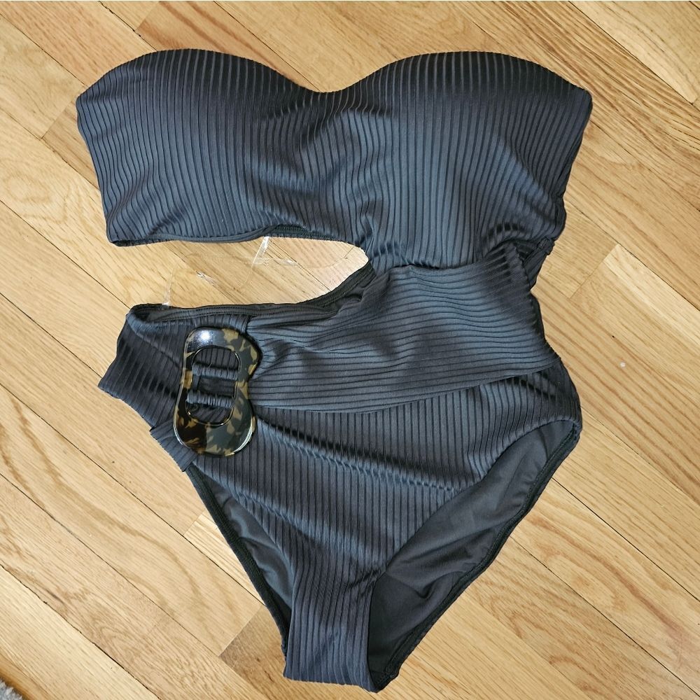 JETS Isla Olive Green RIB CUT OUT buckle Bandeau One-Piece Swimsuit size 10